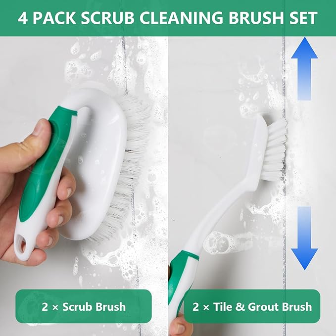 Scrub Brush Set, 4 Pack Deep Cleaning Brush Kit - 2 Scrub Brush, 2 Tile & Grout Brush with Built-in Scraper, Household Commercial Scrubber for Floor, Shower, Pool Wall, Tub (Green)