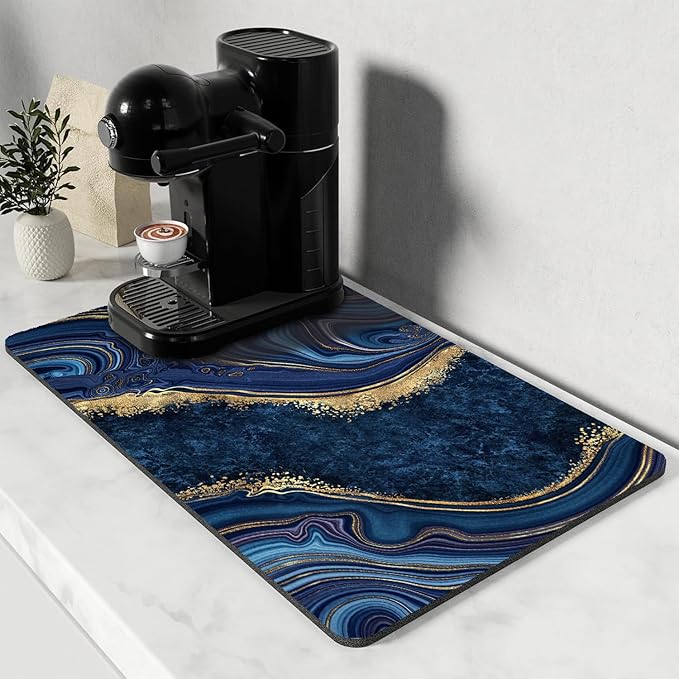 Dish Drying Mat for Kitchen Counter, Blue Marble and Golden Veins Washable Absorbent Quick Dry Pad with Rubber Backing, Draining Mat for Dishes Coffee Table, 12" x 20"