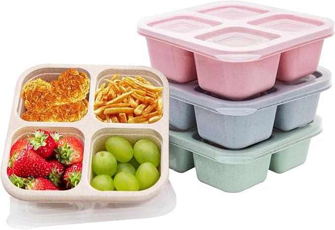 4 Pack Bento Lunch Box，4 Compartment Snack Containers，Divided Bento Snack Box，Meal Prep Containers Kids/Toddle/Adults