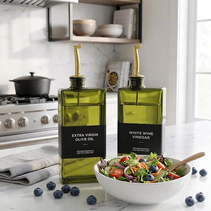 Glass Olive Oil Dispenser Bottle Set of 2 (16.9 oz/500 ml), Green Square Oil & Vinegar Cruet with Drip-Reducing Pour Spouts, Bamboo Tray + Stainless Steel Funnel, 40 Labels for Kitchen Counter