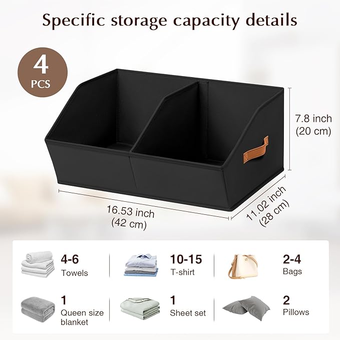 Homsorout Closet Organizers and Storage Bins - 4 Pack Collapsible Divided Trapezoidal Cube Storage Bins Baskets with Orange Handlefor Organizing Clothes Blankets, Toys, Books, Towels(Black)