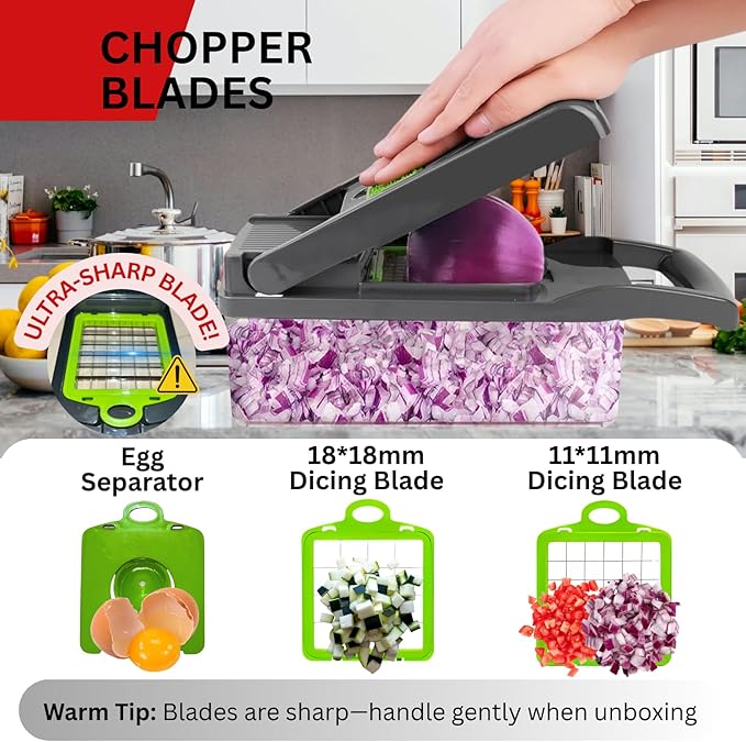 17 in 1 Vegetable Chopper Mandoline Slicer – All In One Veggie Cutter Food Grater Includes Onion Goggles, Egg Separator, Hand Guard – Sharp Stainless Steel Blades – 2 in 1 Drain Basket