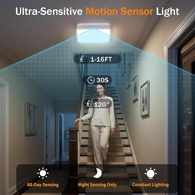 NARUNDREN 2 Pack Rechargeable Motion Sensor LED Ceiling Light with Remote, Wireless Battery Operated Closet Light, 400LM Dimmable 3 Color Temperatures, Ideal for Stair Hallway Garage Pantry