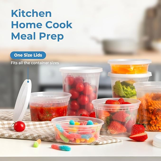 Fit Meal Prep 66 Pack 8 16 32 oz Deli Containers with Lids, US Made Leakproof Quart Containers with Lids, Clear Plastic Food Storage Container with Lid, Microwave Freezer Safe Meal Prep Container