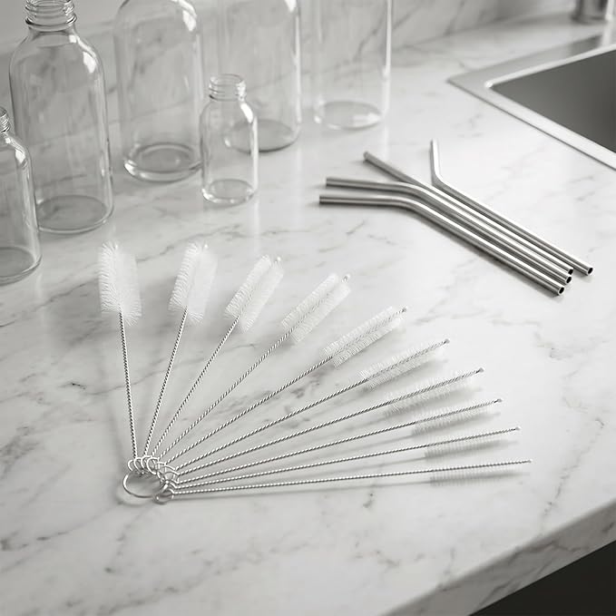 Mini Straw & Pipe Cleaning Nylon Brushes | 10 Brush Set | 8 inch Length | Flexible, Non-Scratch, Rust-Resistant Steel Handle | Reusable Straws, Pipes