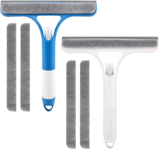3 in 1 Window Cleaning Scraper with 2 Replaceable Cleaning Cotton Strips, 3 in 1 Spray Squeegee for Home Glass Doors Car Windows Glass, All-Purpose Window Cleaner Tool(1pc White & 1pc Blue)