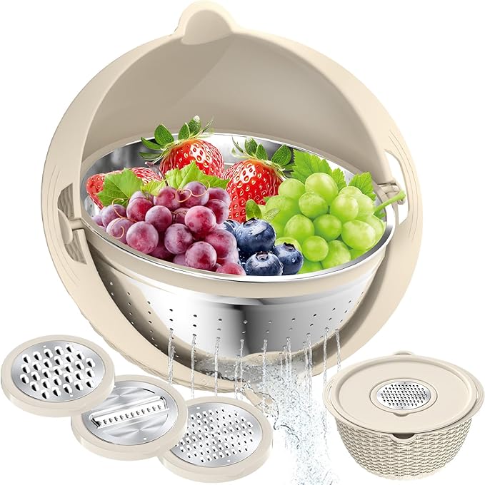 4-1 Colander with Bowl Set, Food Strainers and Colanders, Fruit Washing Bowl with Strainer, Rotatable Colander for Kitchen, Aesthetic Kitchen Gadget