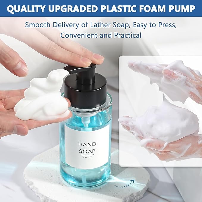 RYTOXILO Foaming Soap Dispenser, 10 oz/300ml Foaming Hand Soap Dispenser, 2 Pack Glass Foaming Soap Dispenser for Bathroom Kitchen, Clear Refillable Foam Soap Dispenser Bottle with Waterproof Labels