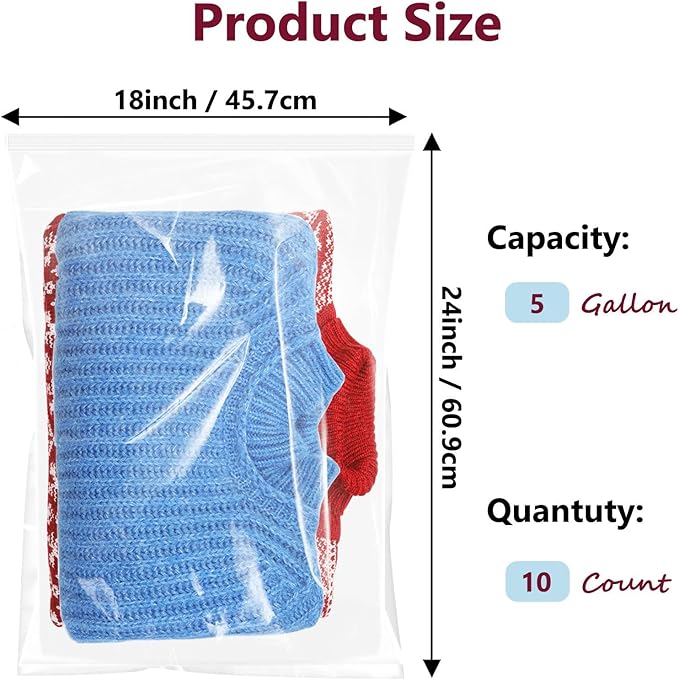 Large Plastic Bags With Zipper Top, 5 Gallon, 18" x 24", 10 Pack