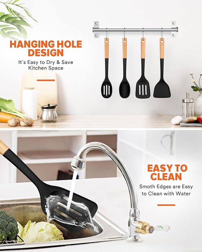 Silicone Cooking Utensils Set, Perfectly Angled for Frying, Mixing,Serving,Draining,Turning and Stirring, BPA-Free Matte Silicone, Wood Handles, Safe for Nonstick Cooking Surfaces,4 Pack (Black)