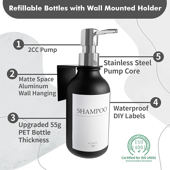 Shampoo Dispenser for Shower Wall, Shampoo and Conditioner Dispenser with 16 Waterproof Labels, No Drill Shower Soap Dispenser Bathroom, Shower Soap Dispenser Wall Mounted,17oz, 3 Pack, Silver Black