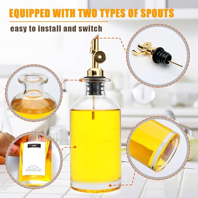 Salzesfalls 12 oz Olive Oil Dispenser Bottle for Kitchen - Elegant Glass Set of 2 With Pour Spout for Coffee Syrup, Vinegar