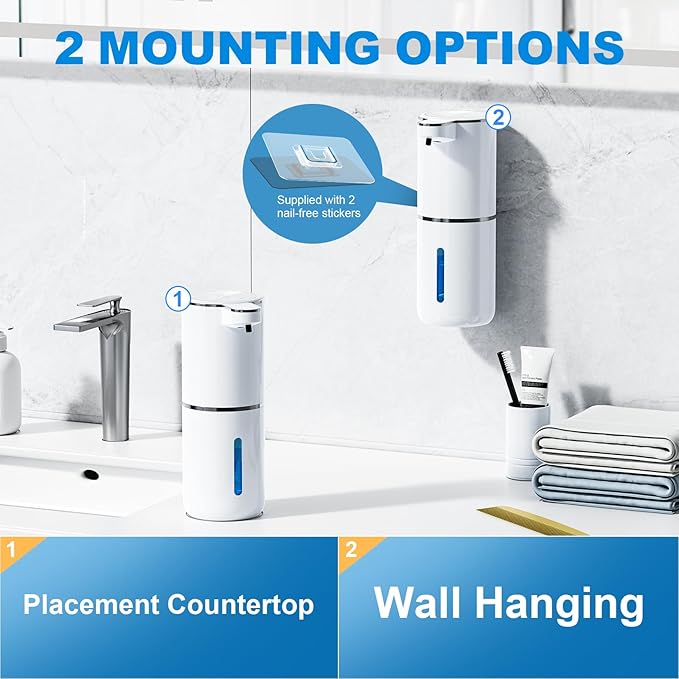 Automatic Foaming Soap Dispenser, 12.8oz/380ml Wall Mount Touchless Soap Dispenser with Sensor, 4-Level Adjustable, IPX5 Waterproof, USB Rechargeable for Bathroom, Kitchen