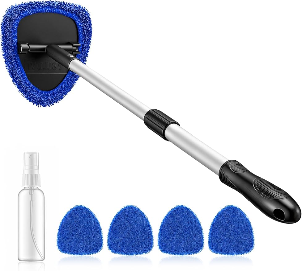 AstroAI 32" Windshield Cleaner Tool, Car Interior Window Detailing Cleaning Kit with Extendable Handle and 4 Easy-to-Install Reusable Microfiber Pads