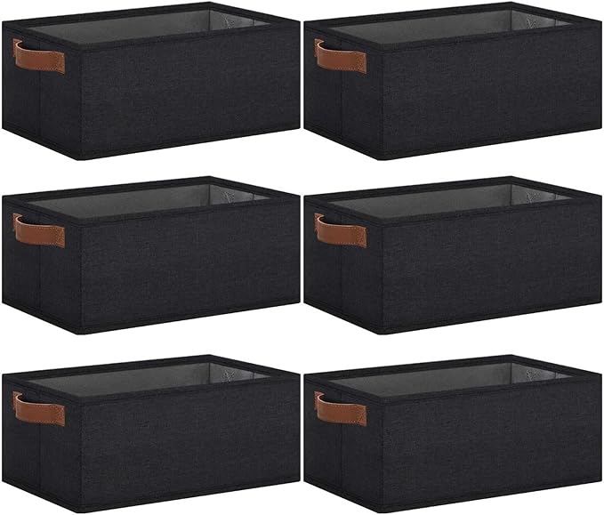 GhvyenntteS Small Fabric Storage Bins 6 Pack, 11.8" x 7.87" x 5.11" Storage Basket with Leather Handles, Closet Storage Bins for Shelves, Storage Baskets for Shelves, DVD Storage (Black)