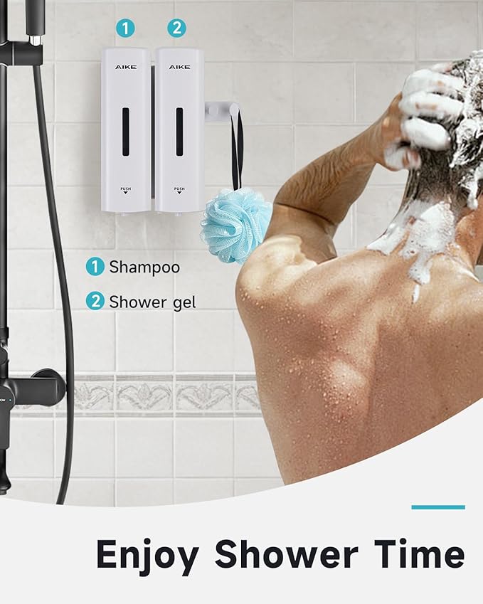 AIKE 2 Chambers Shower Shampoo and Conditioner Dispenser 2 x 11.8 fl.oz. for Bathroom(White)
