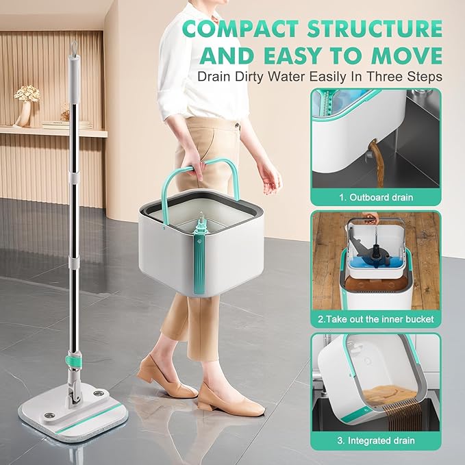 Upgraded Spin Mop and Bucket Self-Standing Mop Bucket Separate Dirty and Clean Water System Self Wringing 360° Rotating Clean Mop and Bucket Set with14Pads Mop-Blue