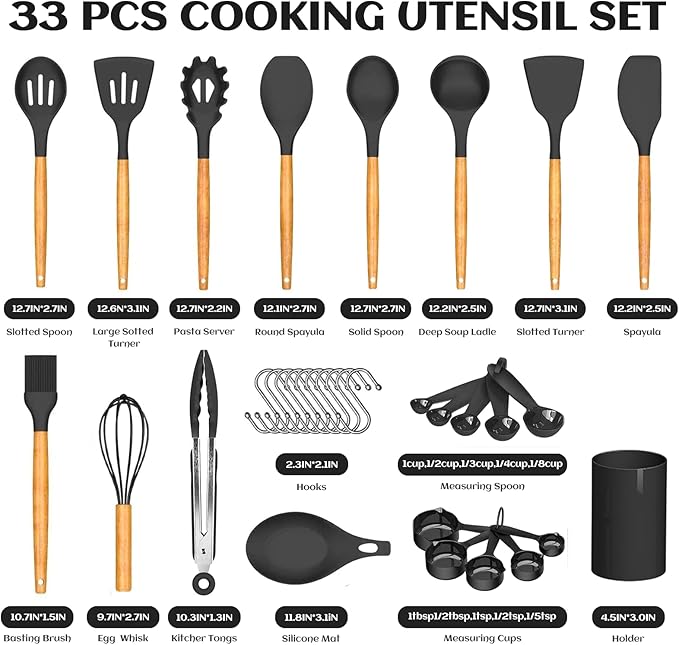Kitchen Cooking Silicone Utensils Set, Black 33 pce Rubber Spatula Cookware Accessories For Home, Chef Decor Appliances, Nonstick Heat Resistant Silicona can withstand temperatures up to 446