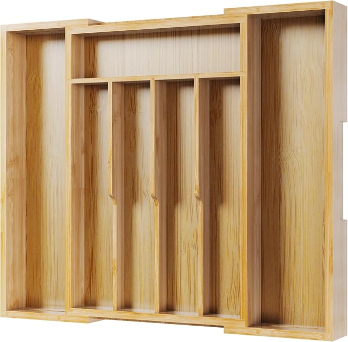 Kitsure Silverware Organizer - Expandable Bamboo Kitchen Drawer Organizer for Cooking Utensils and Cutlery