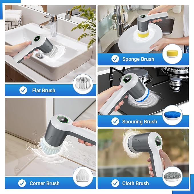PUFTEM Electric Spin Scrubber, Cordless Shower Scrubber with Battery Level Display, 2 Speeds Electric Scrubber for Cleaning with 6 Replaceable Heads, Cleaning Brush for Bathroom/Sink/Window (Gray)