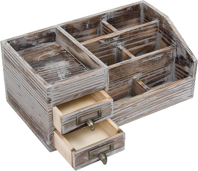 Liry Products Rustic Torched Wooden Desktop Organizer Dark Brown Tabletop