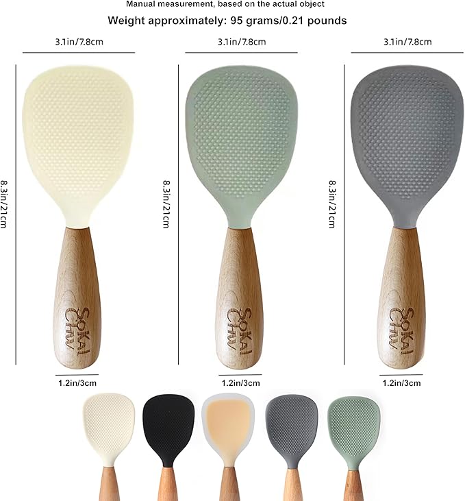 Standing Silicone Cooking Spoon and Rice Spoon with Wooden Handle, Great for Cooking, Mixing, Scoop, Scrape, Non stick Heat Resistant (Grey)