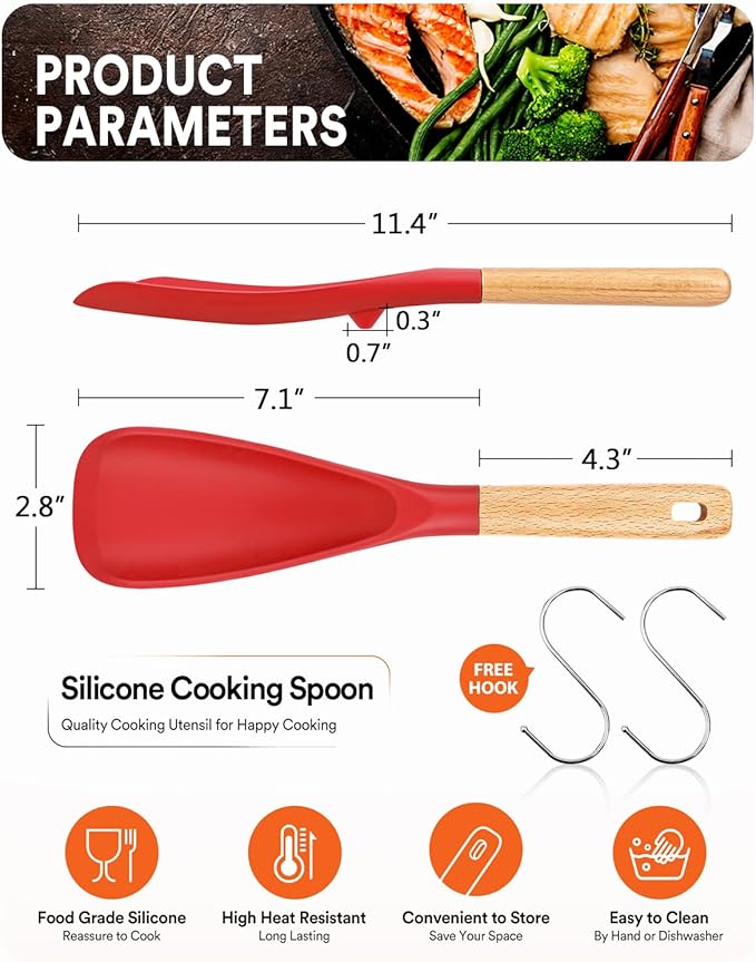 Cooking Spoon for Nonstick Cookwares, Great for Cooking and Serving Sturdy BPA-Free Matte Silicone, Wood Handle Spoon for Mixing, Scoop, and Scrape (2 Pack of Red, 11.4 inch)