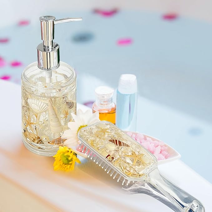 FONMY Soap Dispenser with Pump Acrylic w/Nature Seashell Handmade Bathroom Hand Soap Dispenser, Kitchen Refillable Liquid Dispenser for Soap,Dish Soap, Lotion (Milkly White)