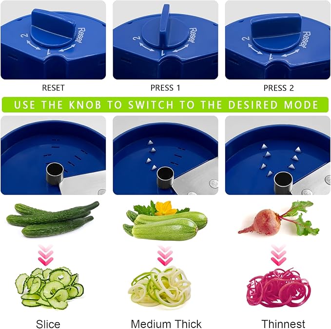 3 in 1 Vegetable Spiralizer Slicer, Adjustable Zucchini Carrot Noodle Maker, Cucumber Spiral Cutter, Easy to Use Kitchen Tool（Blue）