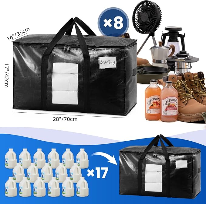 TAILI Extra Large Moving Bags, 8 Pack Black Heavy Duty Totes For Storage with Visible Window, Wrap Around Handles, Storage Bags for Space Saving