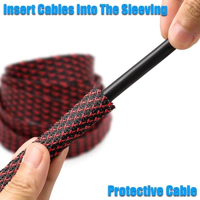 25ft PET Expandable Braided Cable Sleeve 1/2inch(12mm) Pet Braided Cable Sleeve for Audio Video Device Wire Automotive Wire (Black Red)