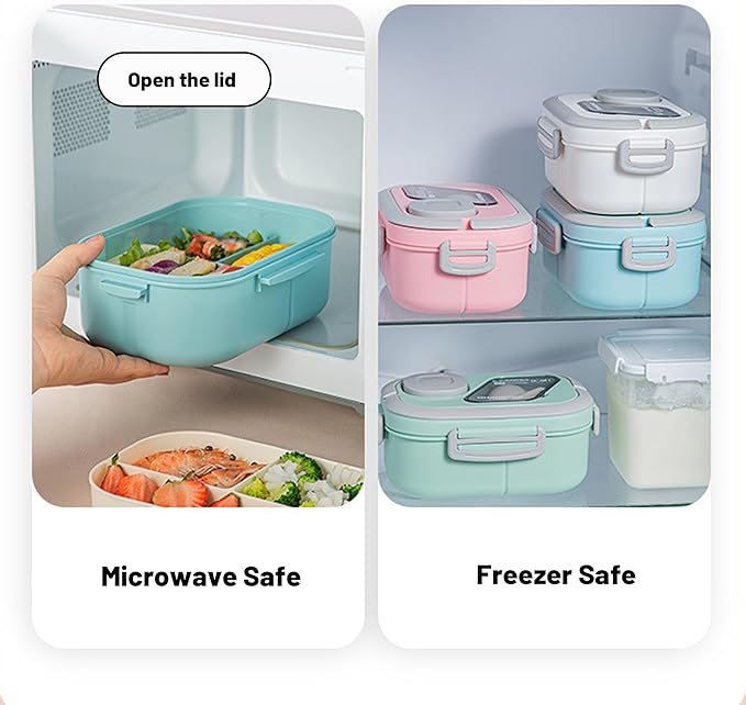 Adults Bento Lunch Box,Salad Container Large 43oz Salad Bowl, Bento-Style Tray for Toppings, 3oz Sauce Container for Dressings