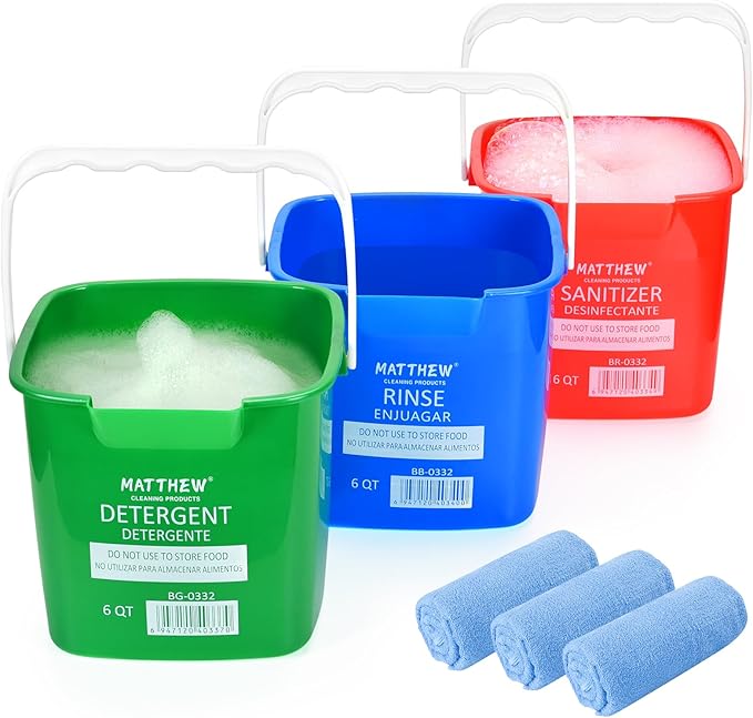 Matthew Red&Green&Blue Detergent and Sanitizing Cleaning Bucket 6 Quart Cleaning Pail,Set of 3 Square Containers,Built-In Spout w/Handle,Wash Rinse Sanitize Handwash Bucket,Incl.3Pcs Microfiber Cloths