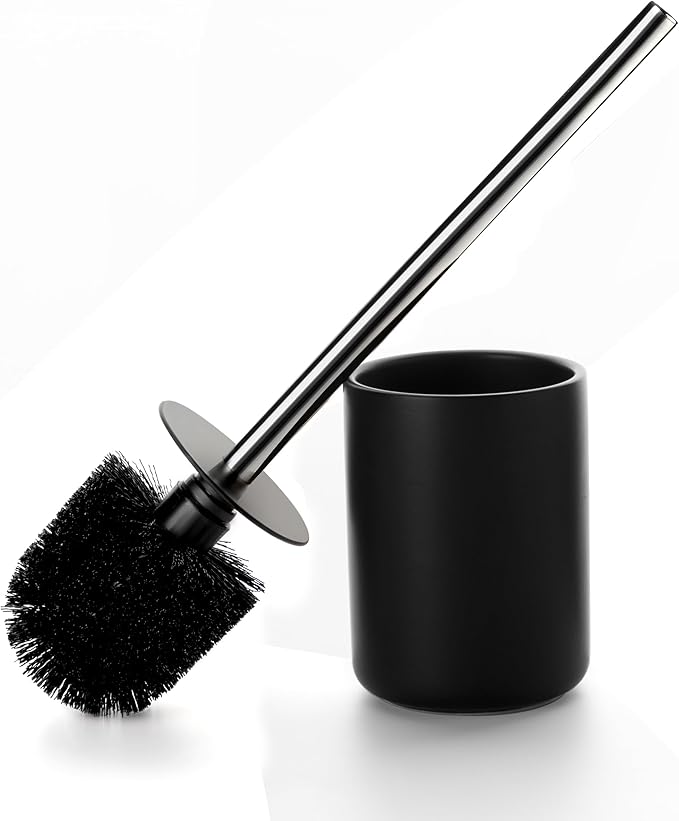 Ceramic Toilet Brush & Holder Set - Freestanding Deep-Cleaning Toilet Bowl Cleaner Brush, Stainless Steel Handle, Small & Sturdy for Storage, Easy to Clean, Non-Scratching