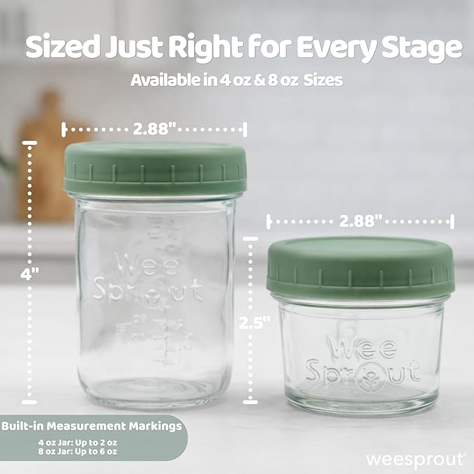 WeeSprout Glass Baby Food Storage Jars w/Lids (8 oz, 8 Pack Set) Snack, Puree, Reusable Small Containers, Breast Milk, Fridge or Freezer