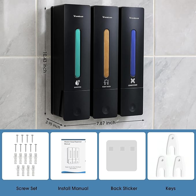 Shampoo and Conditioner Dispenser,Shower Dispenser 3 Chamber No Drill,Shower Soap Dispenser Wall Mounted for Bathroom Hotel with Upgrade Pump Head,3 * 400ml(Black 3 Chamber)