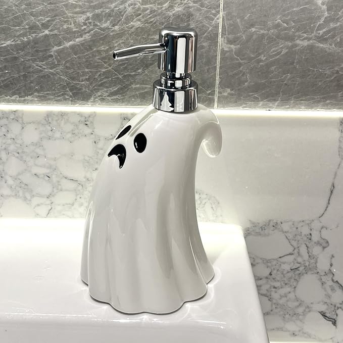 Cute Ceramic Ghost Soap Dispenser - 1pc Ghost Shape Lotion Bottle, Refillable Hand Liquid Soap Dispenser with Pump for Bathroom Decor, Dish Soap Bottle for Kitchen Countertop 400ml/13.5oz