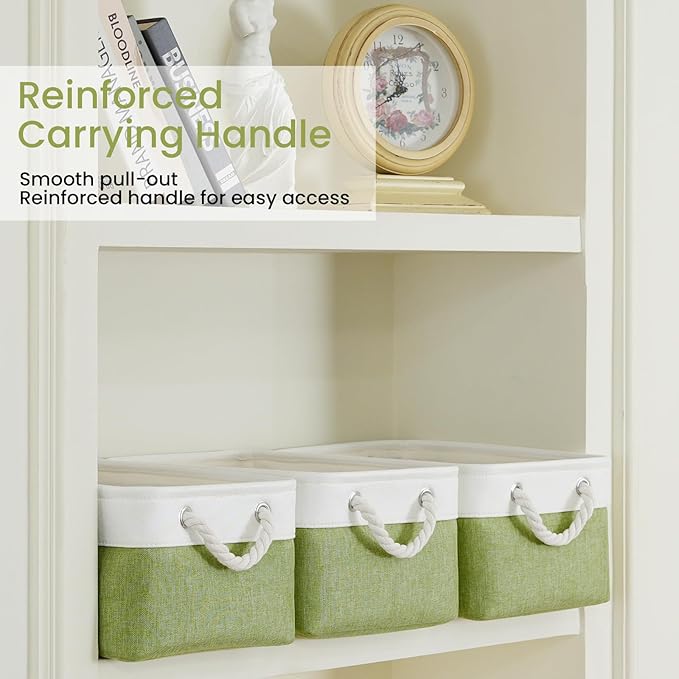 Storage Baskets for Shelves 13.8x9.8x6.7 Inch, Foldable Fabric Storage Bins with Handles, Small Storage Baskets for Organizing Closet, Office, Home Organization (1-Pack, White&Green)