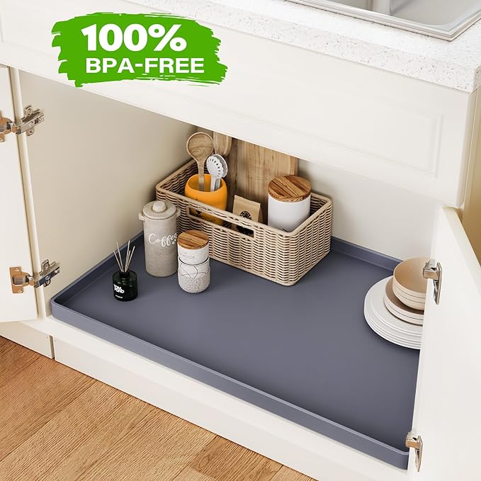 FLATO Waterproof Under Sink Mat 19" x 19" Shelf Liner for Kitchen and Bathroom, Cabinet Protector, Organizers and Storage, Flexible Silicone Drip Tray