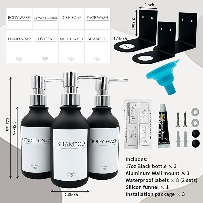 Shampoo Dispenser for Shower Wall, Shampoo and Conditioner Dispenser with 16 Waterproof Labels, No Drill Shower Soap Dispenser Bathroom, Shower Soap Dispenser Wall Mounted,17oz, 3 Pack, Silver Black