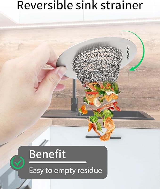TRAPMATE Kitchen Sink Drain Strainer, Reversible Chain Mesh Sink Strainer, 304 Stainless Steel Anti-Clogging & Easy Clean Sink Strainer Basket