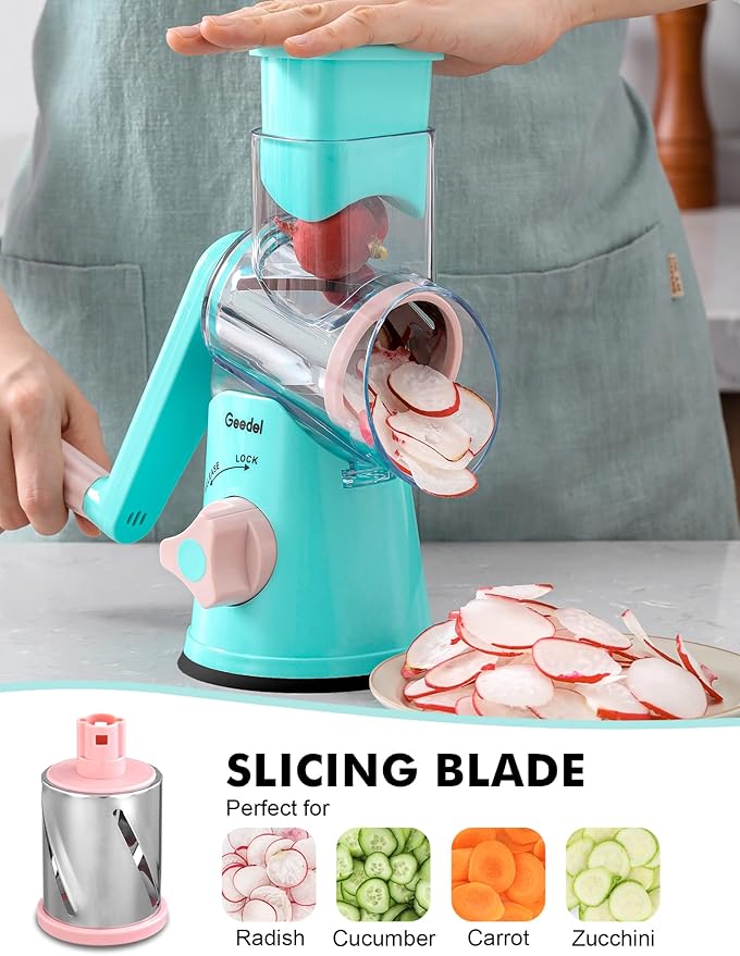 Geedel Rotary Cheese Grater, Kitchen Mandoline Vegetable Slicer with 3 Interchangeable Blades, Easy to Clean Rotary Grater Slicer for Fruit, Vegetables, Nuts