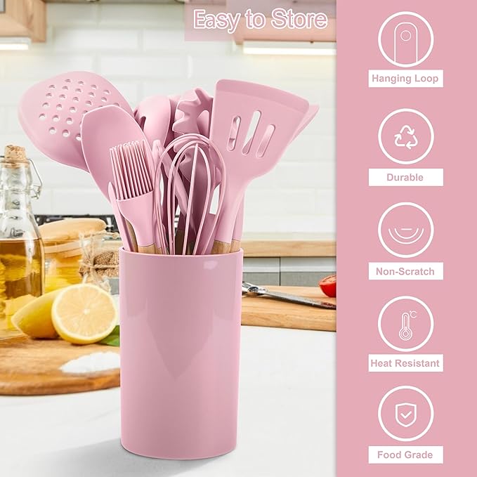 E-far Kitchen Utensils Set of 12, Silicone Cooking Utensils with Holder, Non-stick Cookware Friendly & Heat Resistant, Includes Spatula Tong Whisk Ladle Brush Slotted Turner Spoon(Pink)