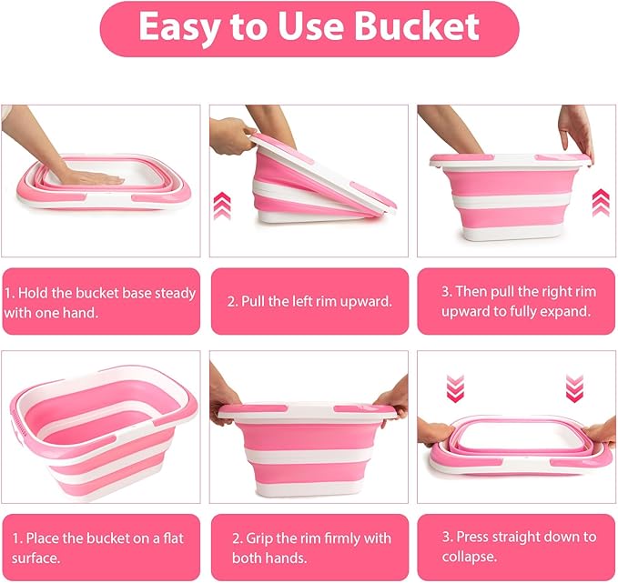 Collapsible Mop Bucket 4.2 Gallon(16L), Space-Saving Foldable Cleaning Bucket with Handle & Hanging Hole for Home, Swimming Pool, Camping, Car Wash & Outdoor (Pink White)