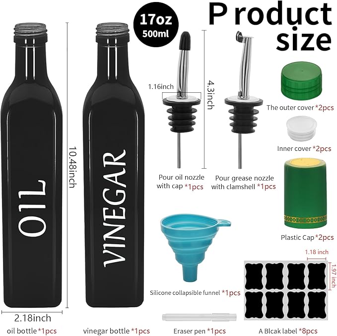 Olive Oil Dispenser Bottle,2 Pcs 17oz 500ml Glass O il and Vinegar Dispenser Set with 2 Stainless Steel Pourers, 8 Labels,Funnel Vinegar Bottles for Kitchen (Black)