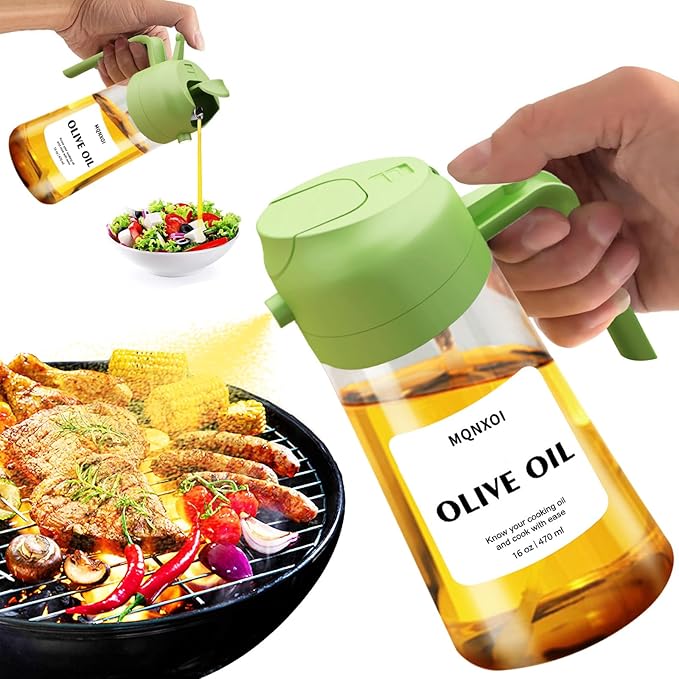 2 in 1 Glass Oil Sprayer & Dispenser,16oz/470ml Olive Cooking, Air Fryer, and Salad, for Kitchen Gadgets and Air Fryer Accessories, w/Stickers (Green)