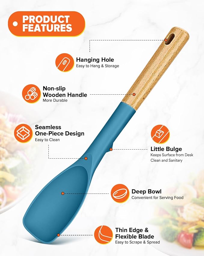 Silicone Spoonula Spatula, Great For Stirring, Scraping And Folding, Sturdy Bpa-Free Matte Silicone, Wooden Handle Rubber Spoon For Nonstick Cookwares (TURQ)