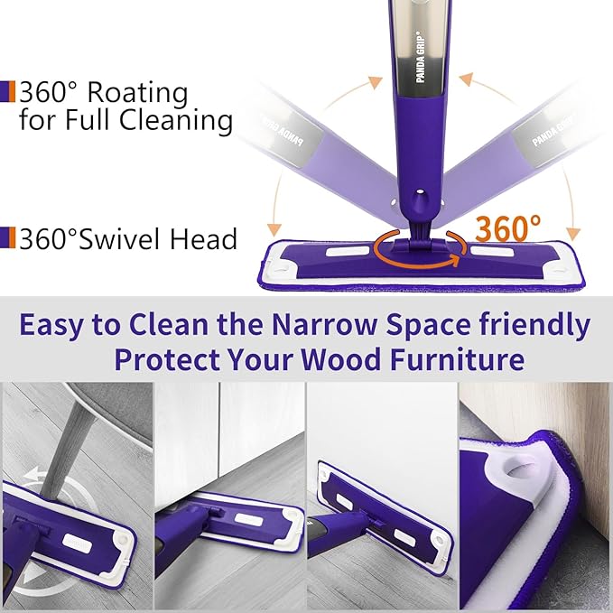 Mops for Floor Cleaning, Wet and Dry Spray Mop with Refillable Spray Bottle and 3 Washable Microfiber Pads Home or Commercial Use Flat Mop for Hardwood Laminate Wood Ceramic, Purple