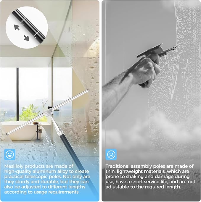 16.7“- 59.5" Long Handle Window Squeegee with Extension Pole, 12.4" Wide Metal Shower Squeegee for Glass Doors