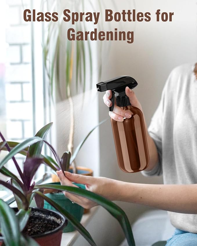 Bontip Glass Spray Bottle, Amber Glass Spray Bottle Set & Accessories Refillable for Plants Window Cleaners Aromatherapy Facial Hydration Watering Flowers Hair Care (2 Pack/8 oz) (Amber)